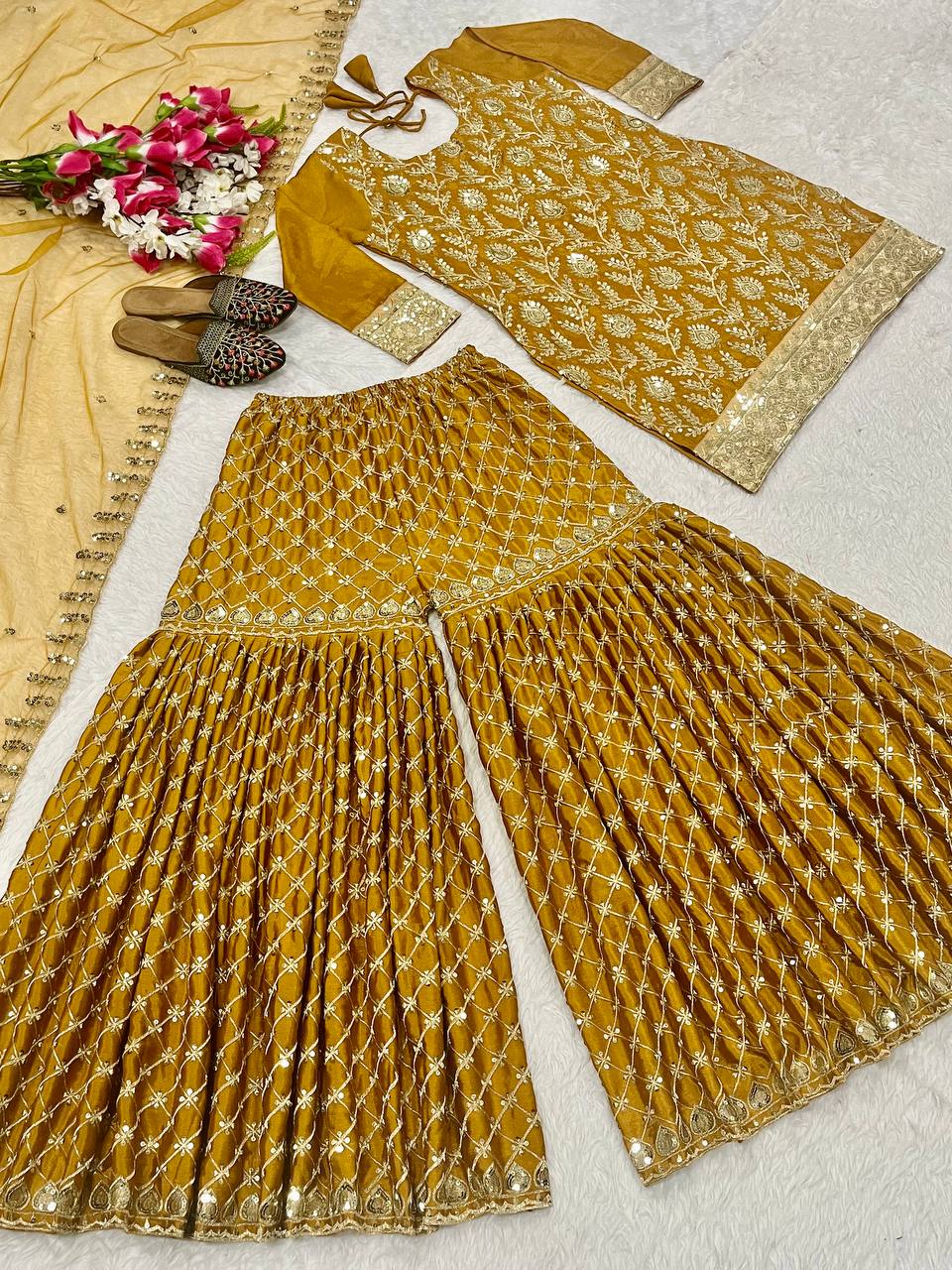 Sequence Embroidery Work Mustered Color Sharara Suit