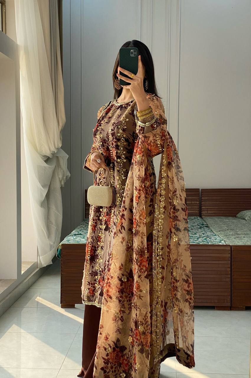 Awesome Brown Color Flower Print Palazzo Suit