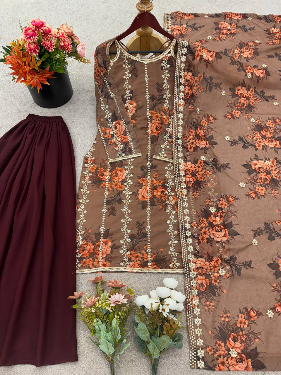 Awesome Brown Color Flower Print Palazzo Suit