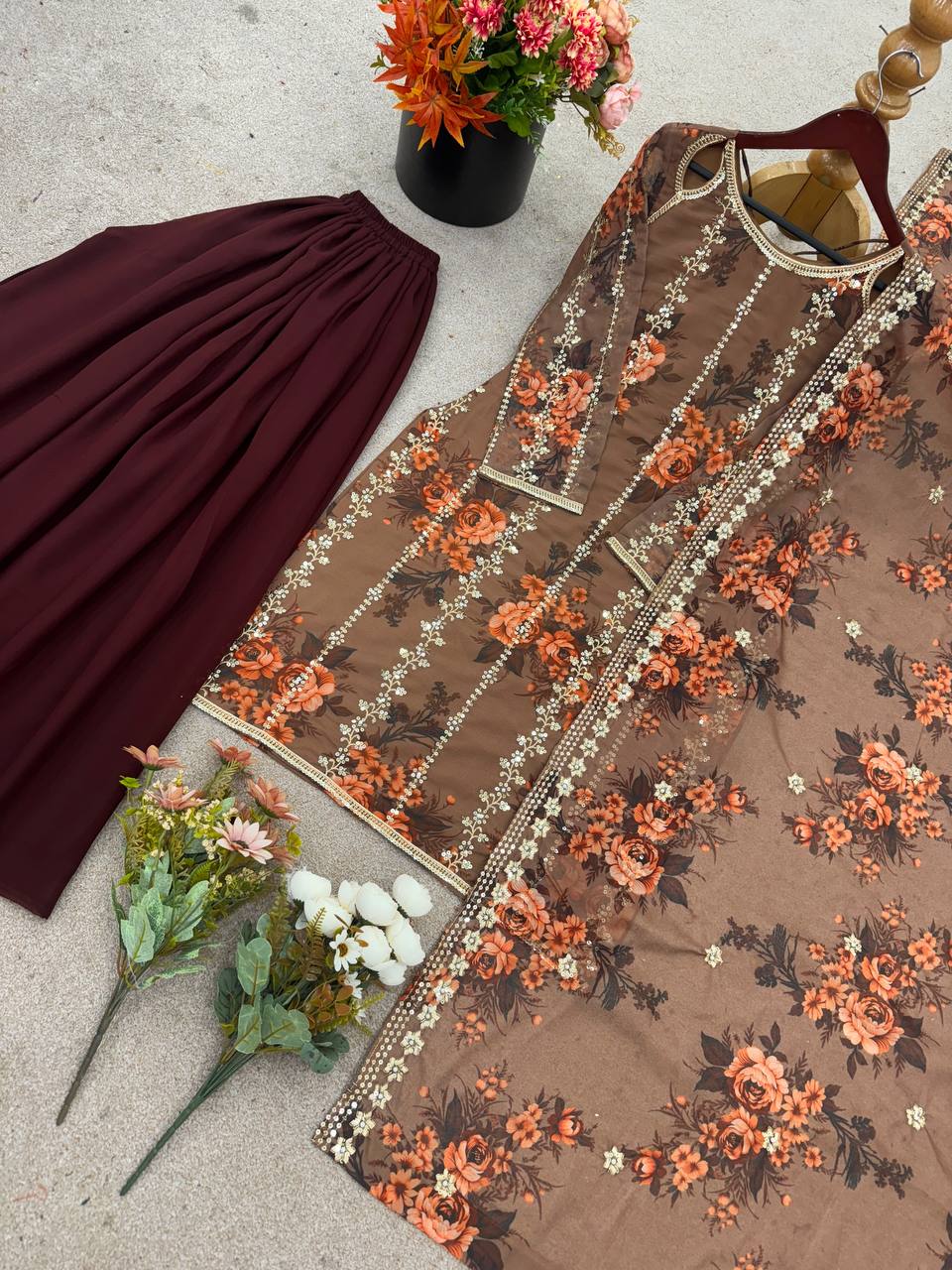 Awesome Brown Color Flower Print Palazzo Suit