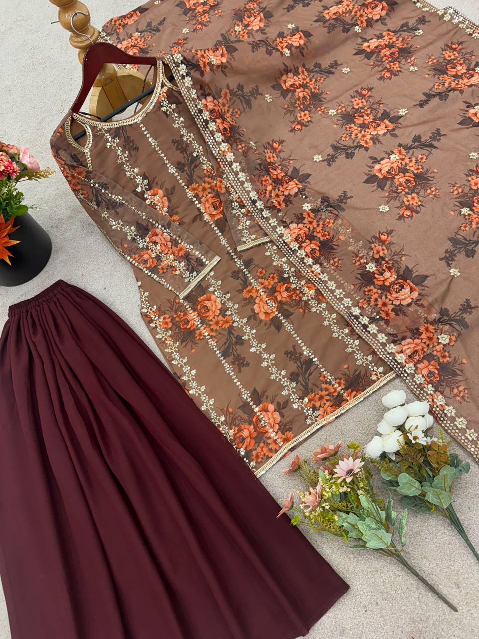 Awesome Brown Color Flower Print Palazzo Suit