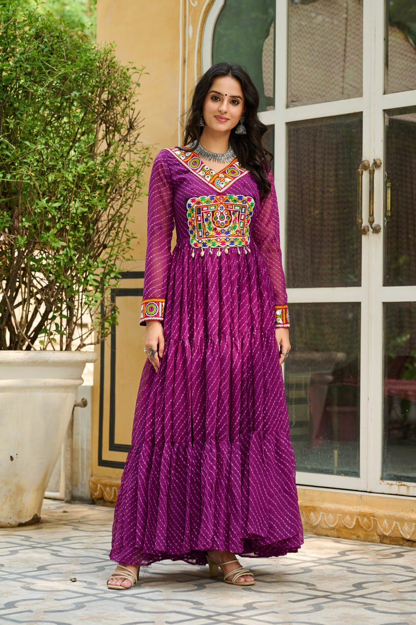 Glorious Wine Color Laheriya Print Navratri Gown