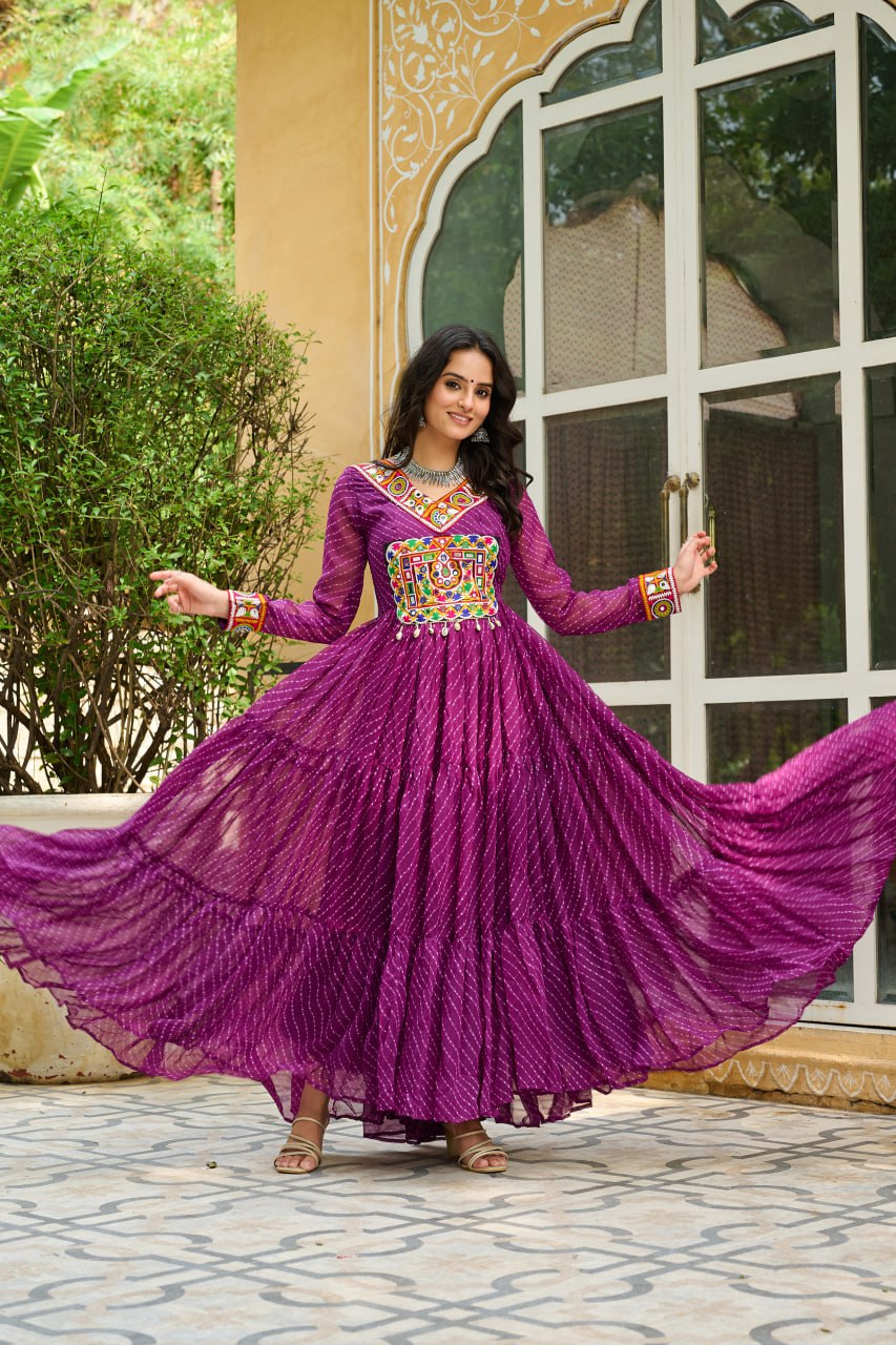 Glorious Wine Color Laheriya Print Navratri Gown