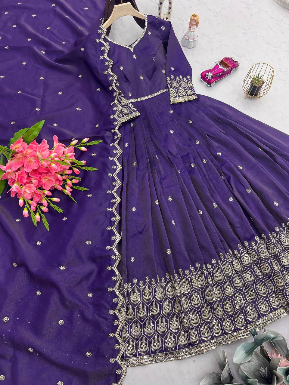 Embroidered Purple Color Stunning Gown With Dupatta