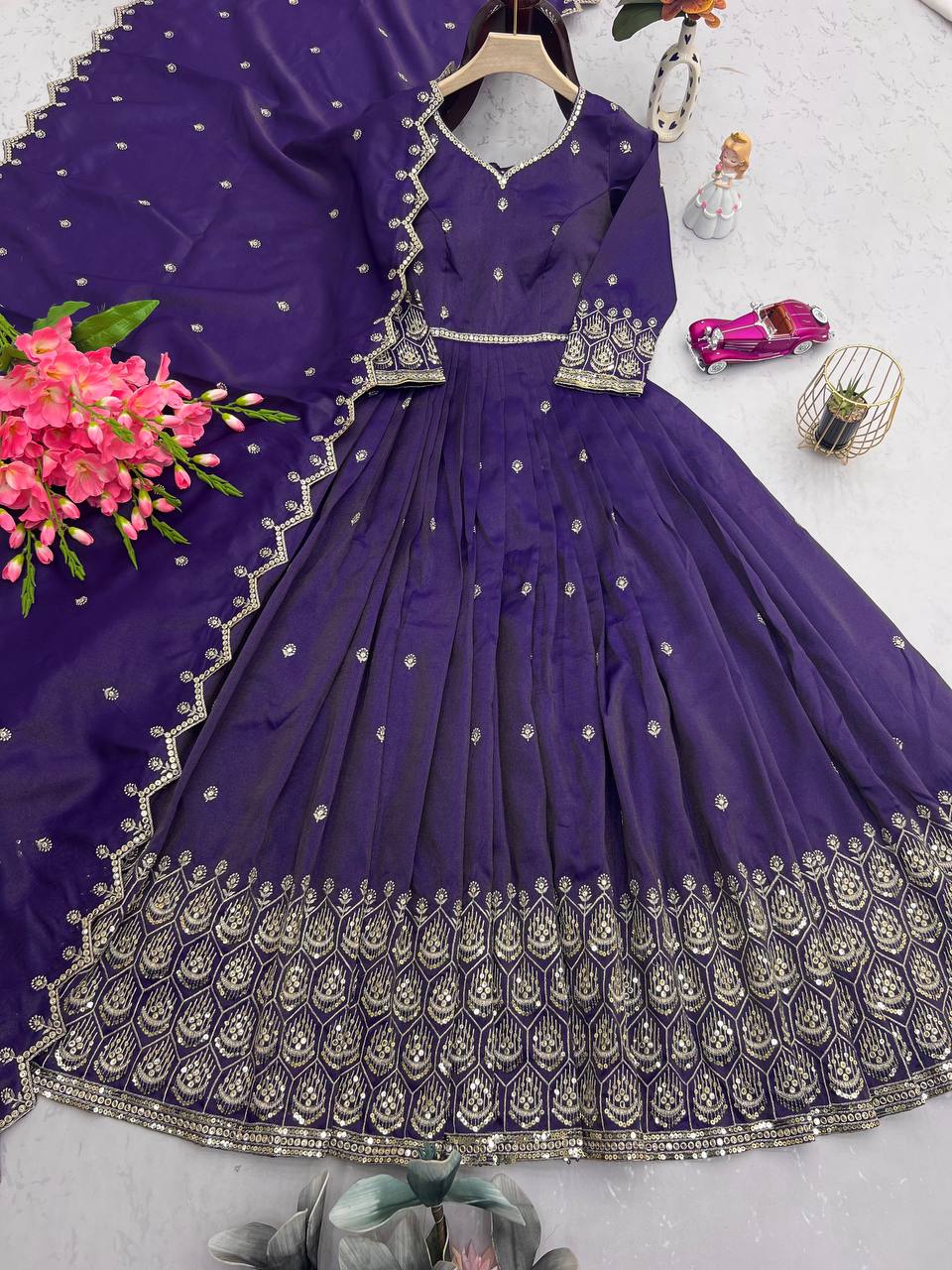 Embroidered Purple Color Stunning Gown With Dupatta