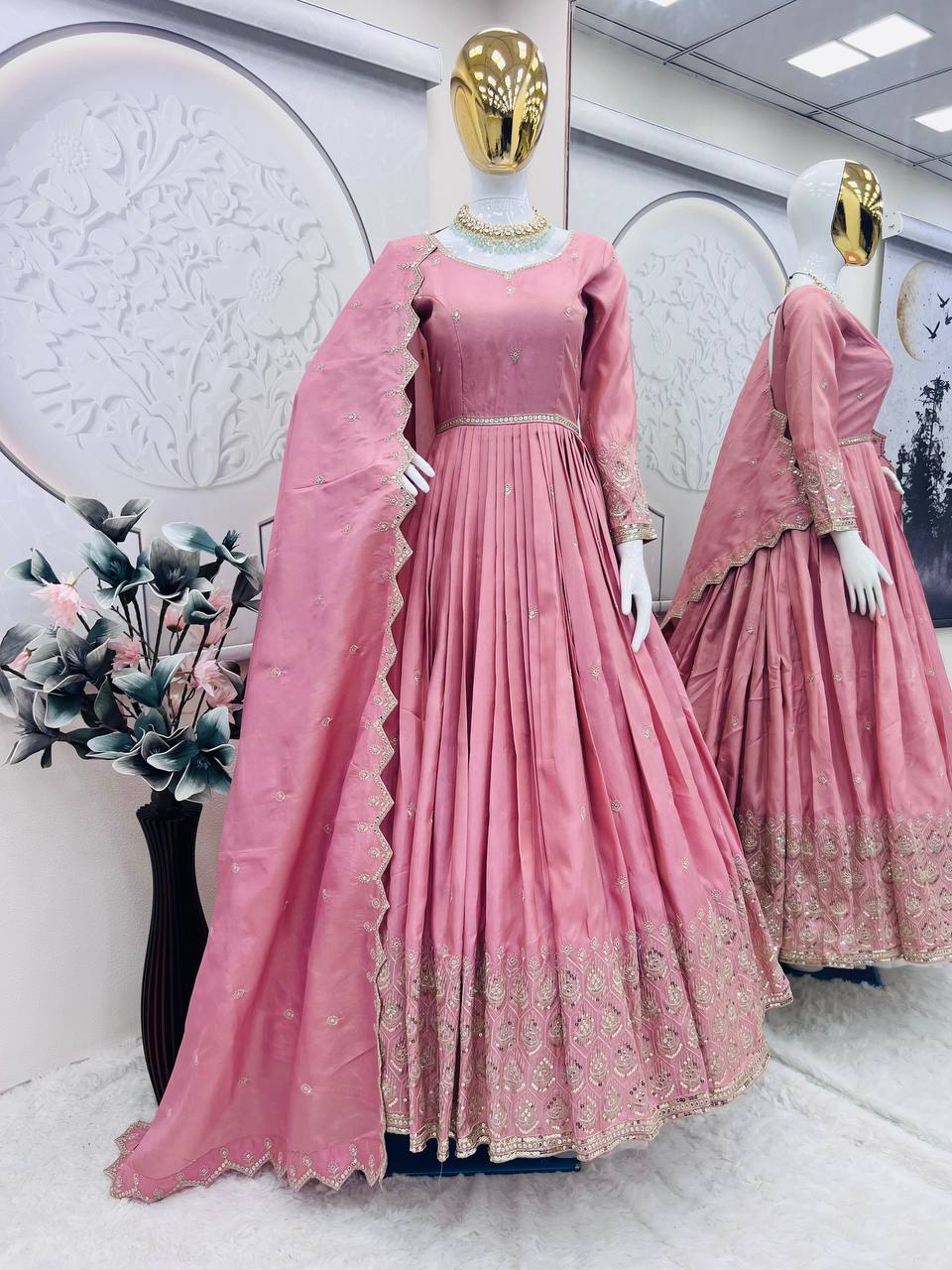 Embroidered Pink Color Stunning Gown With Dupatta