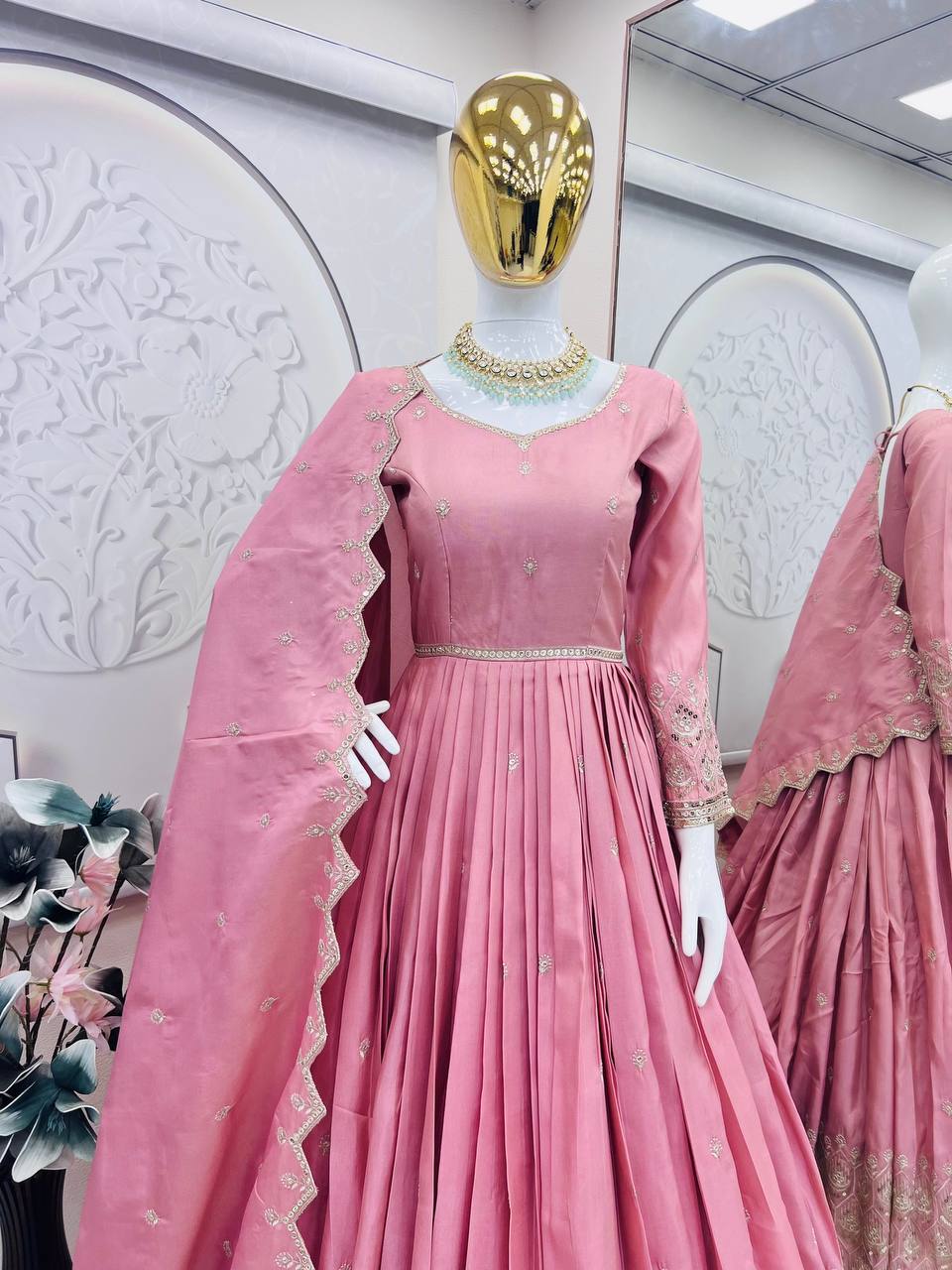 Embroidered Pink Color Stunning Gown With Dupatta