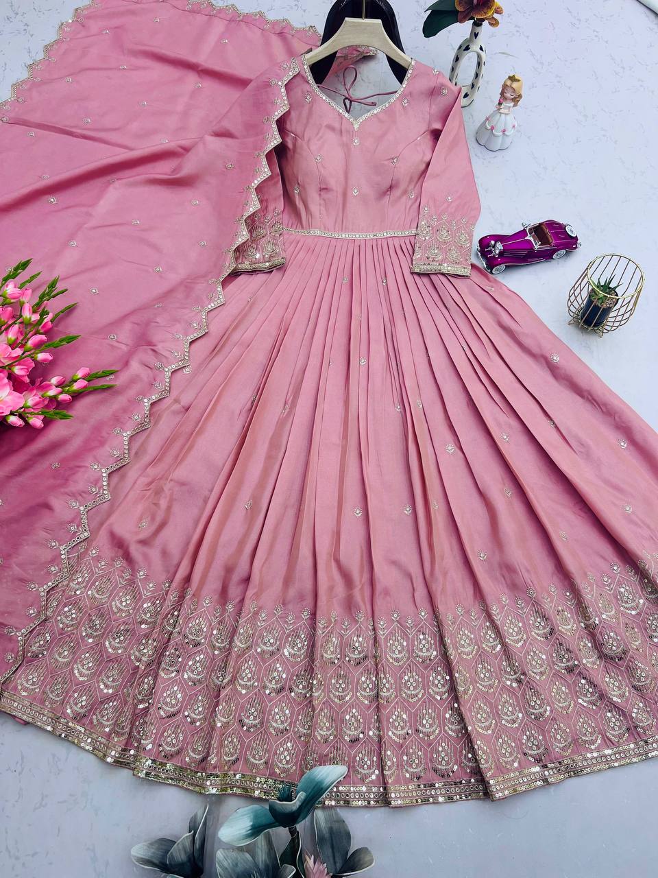 Embroidered Pink Color Stunning Gown With Dupatta