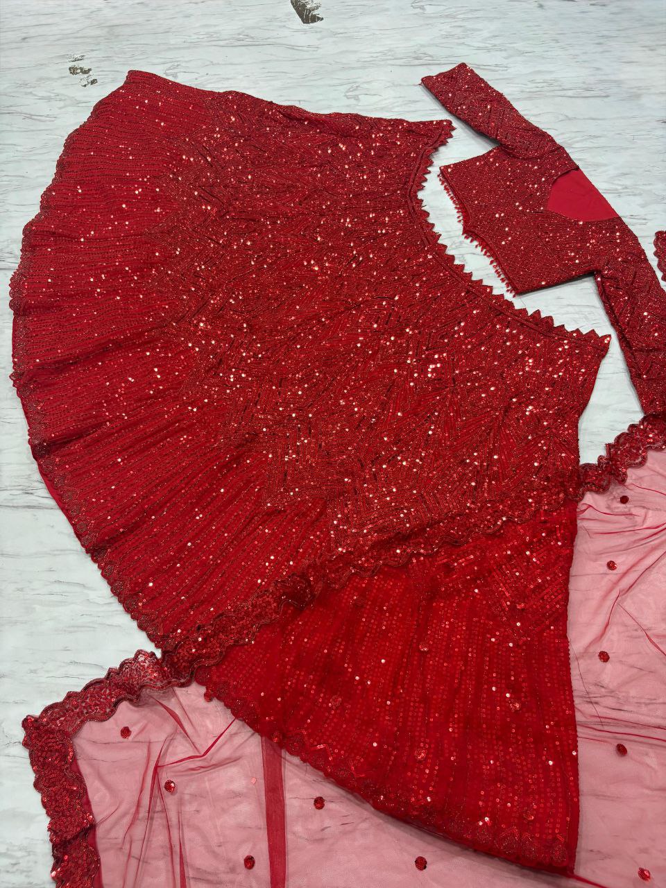 Thread Embroidery Work Red Color Bridal Wear Lehenga Set