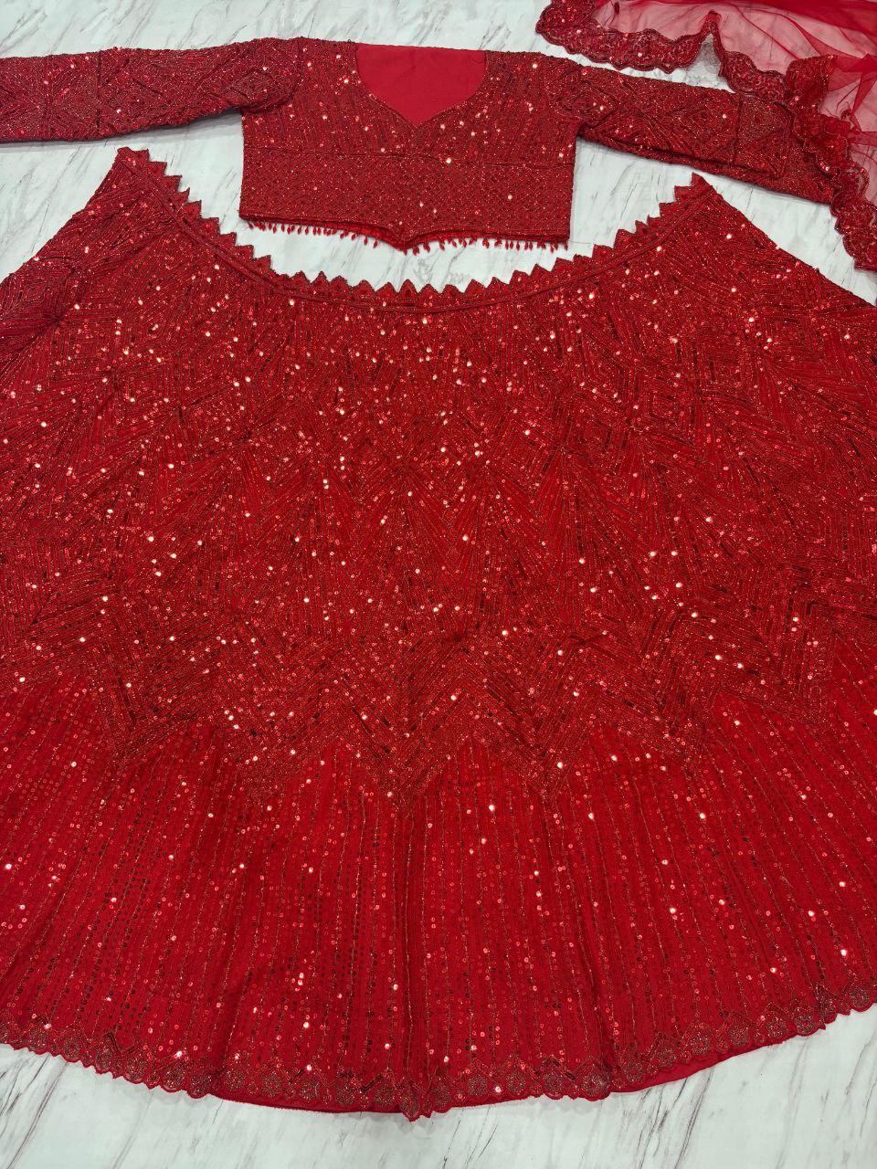 Thread Embroidery Work Red Color Bridal Wear Lehenga Set