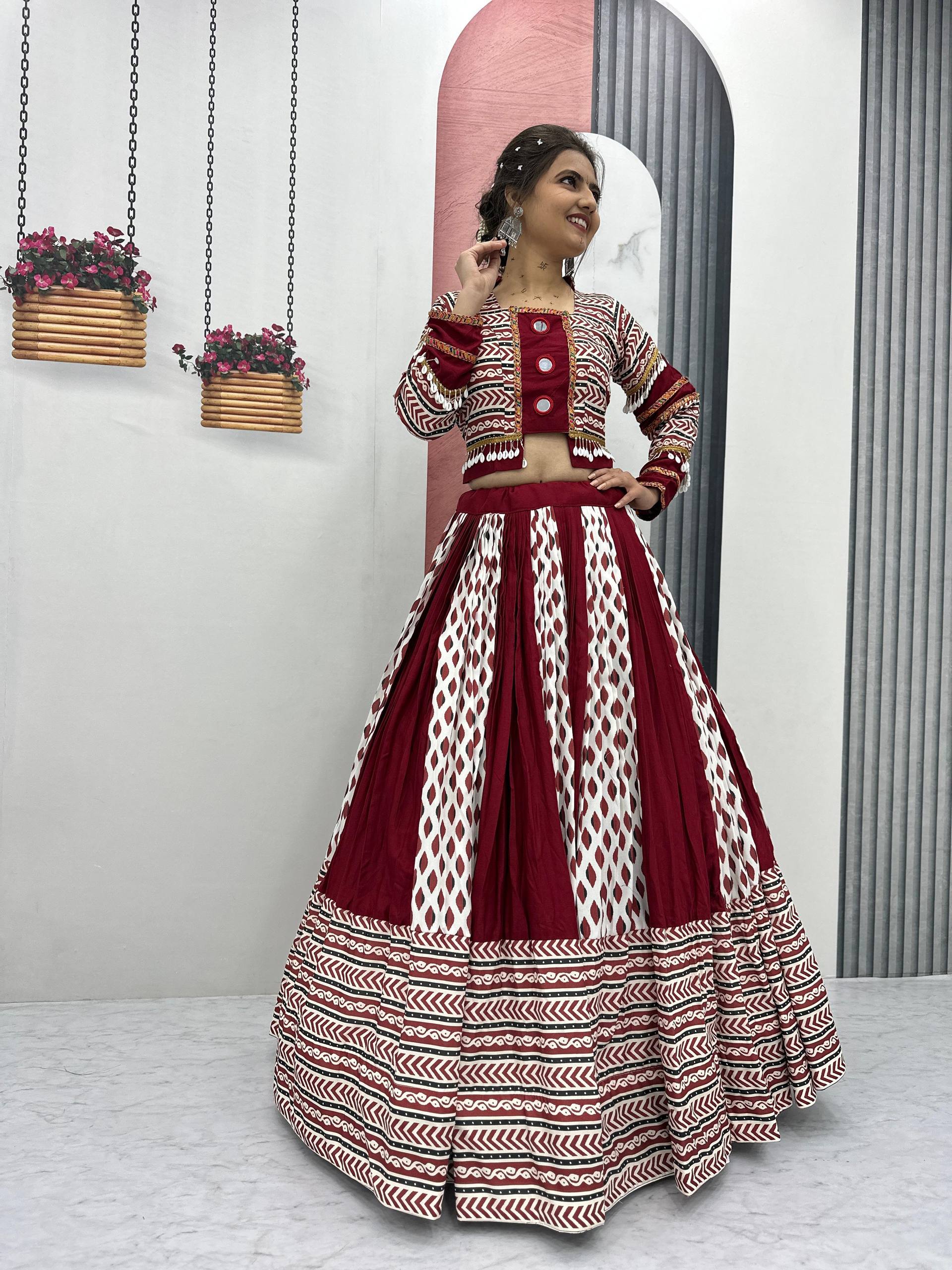 Ajrakh Print With Mirror Work Navratri Wear Maroon Lehenga Choli