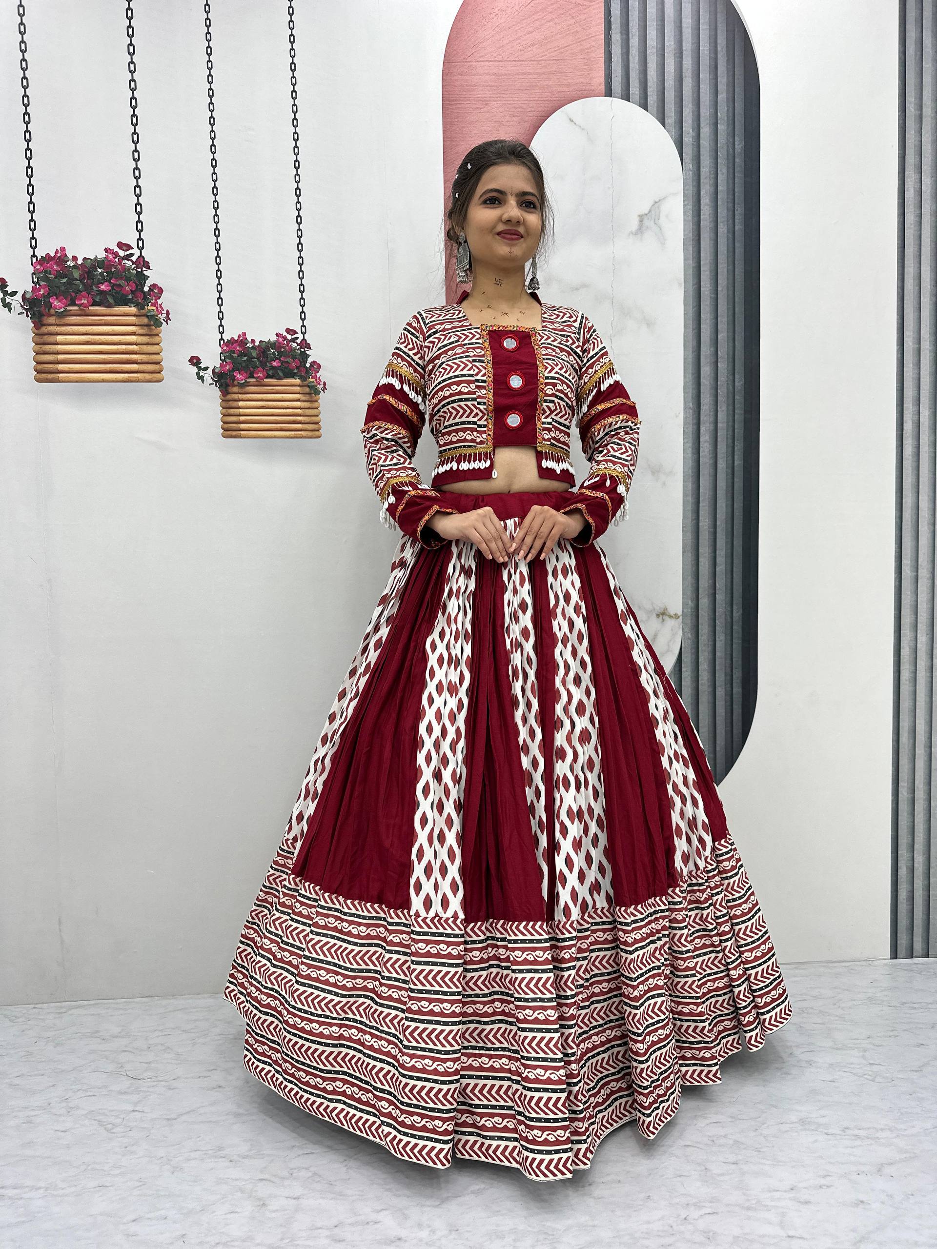 Ajrakh Print With Mirror Work Navratri Wear Maroon Lehenga Choli