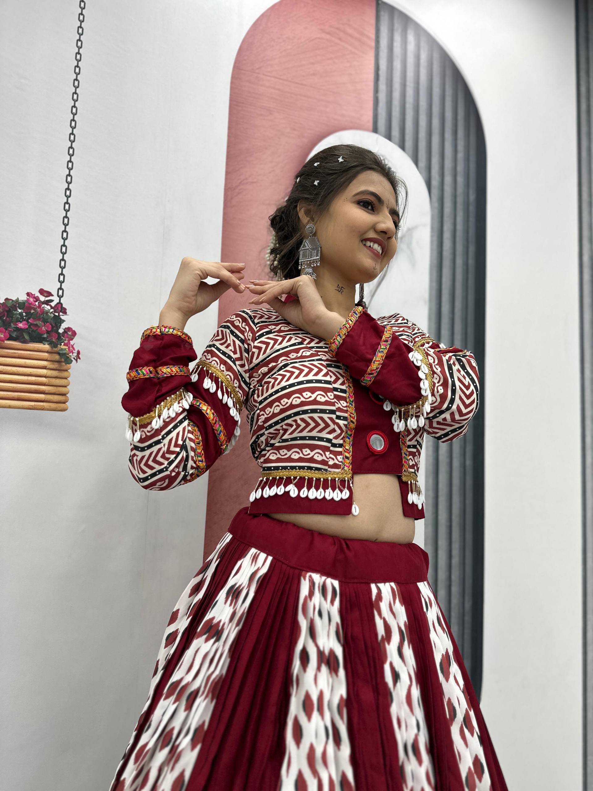 Ajrakh Print With Mirror Work Navratri Wear Maroon Lehenga Choli
