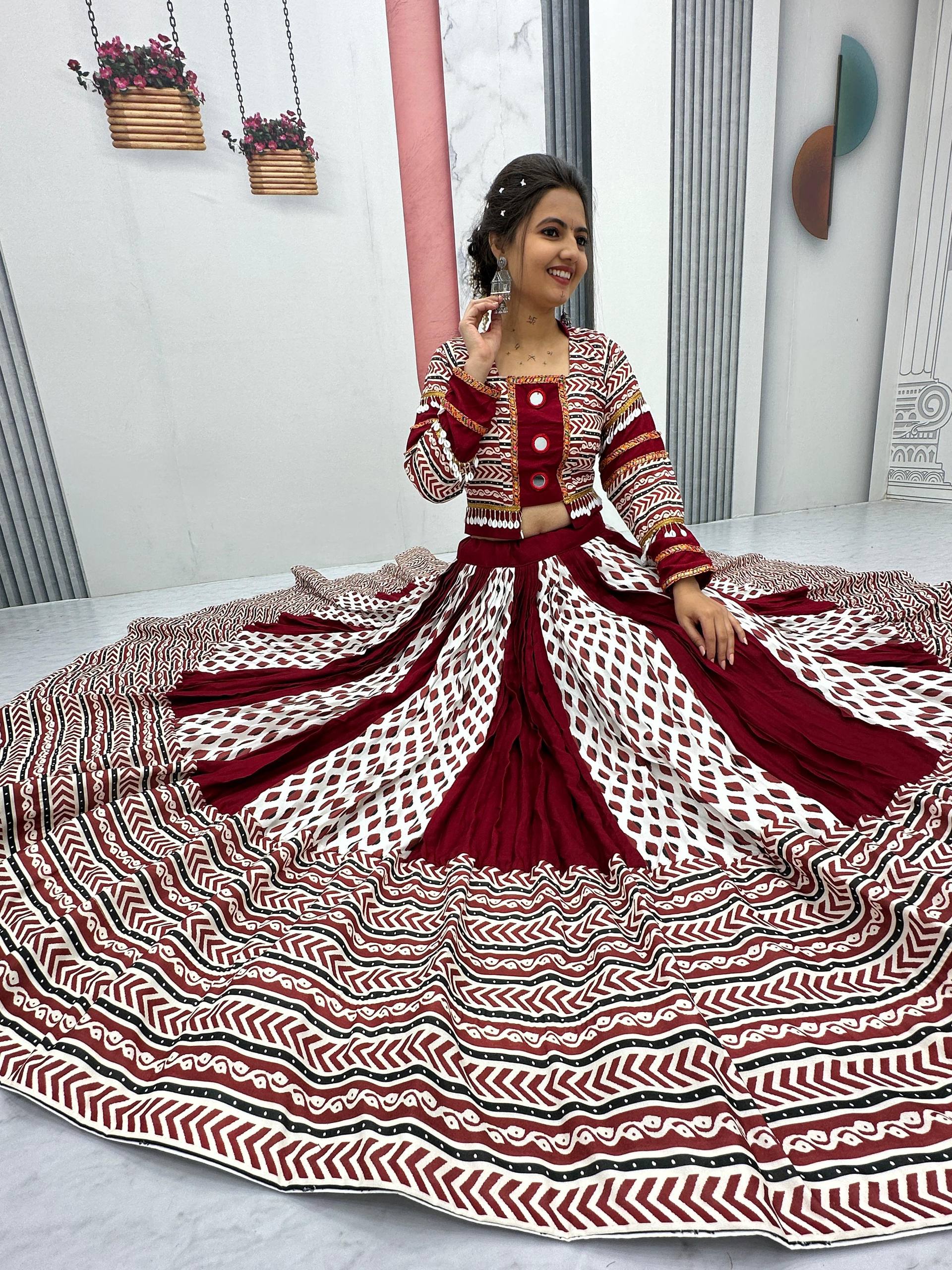 Ajrakh Print With Mirror Work Navratri Wear Maroon Lehenga Choli
