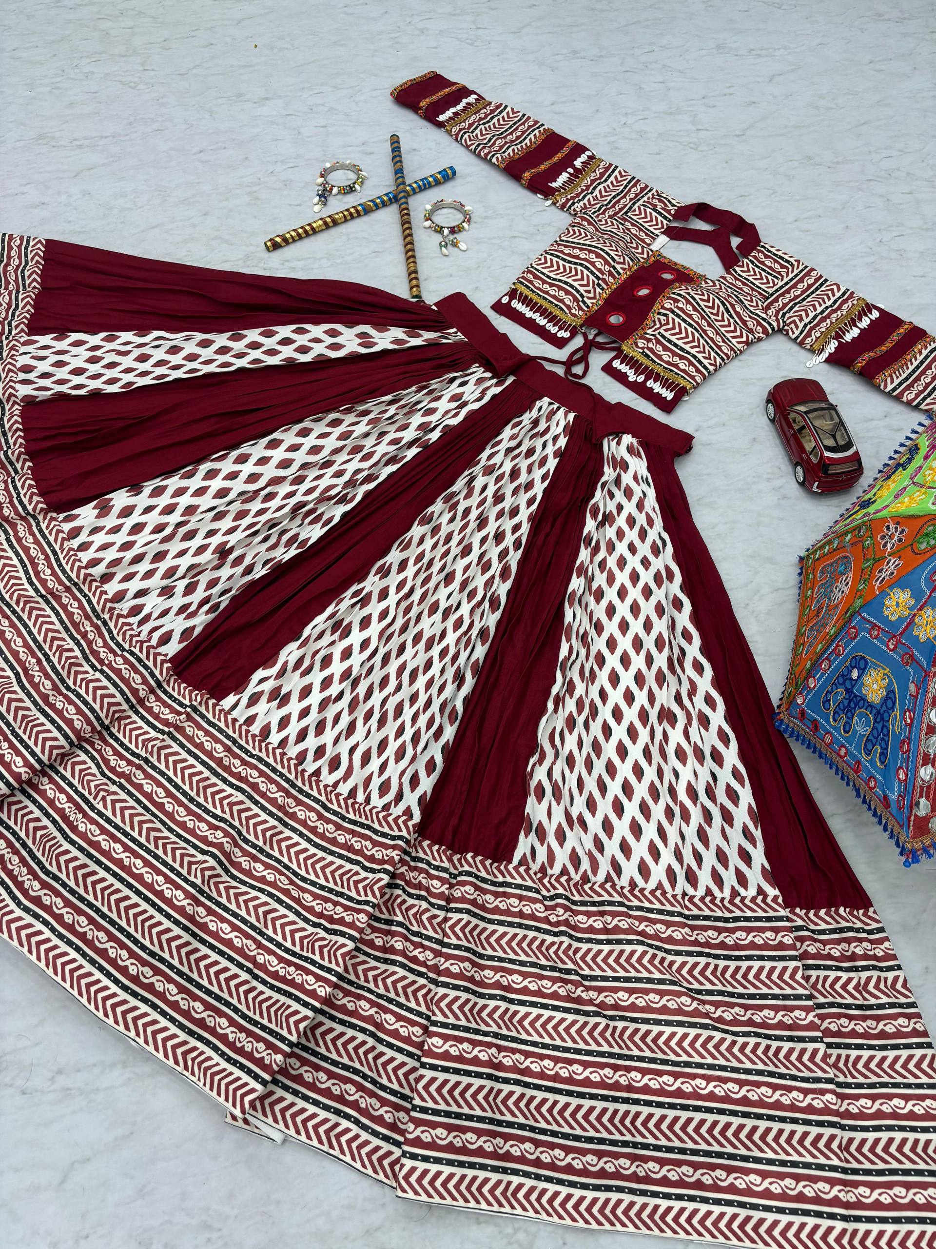 Ajrakh Print With Mirror Work Navratri Wear Maroon Lehenga Choli