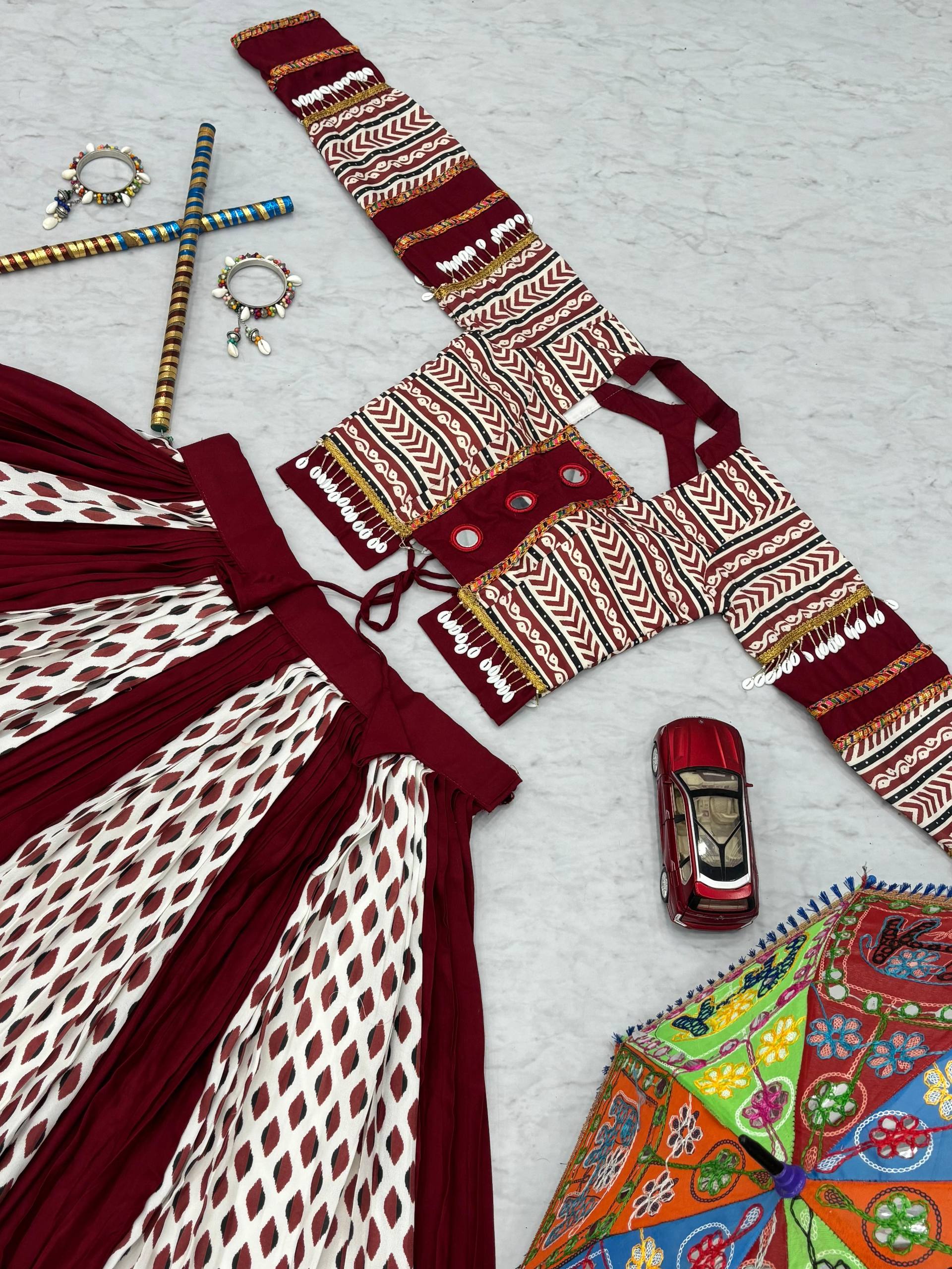 Ajrakh Print With Mirror Work Navratri Wear Maroon Lehenga Choli