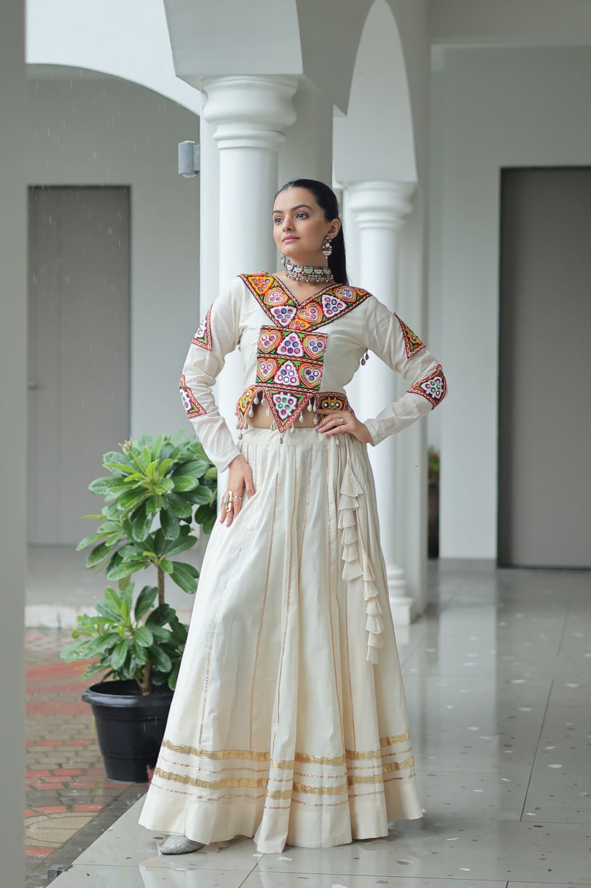 White Color Kutchi Gamthi Work Navratri Lehenga Choli
