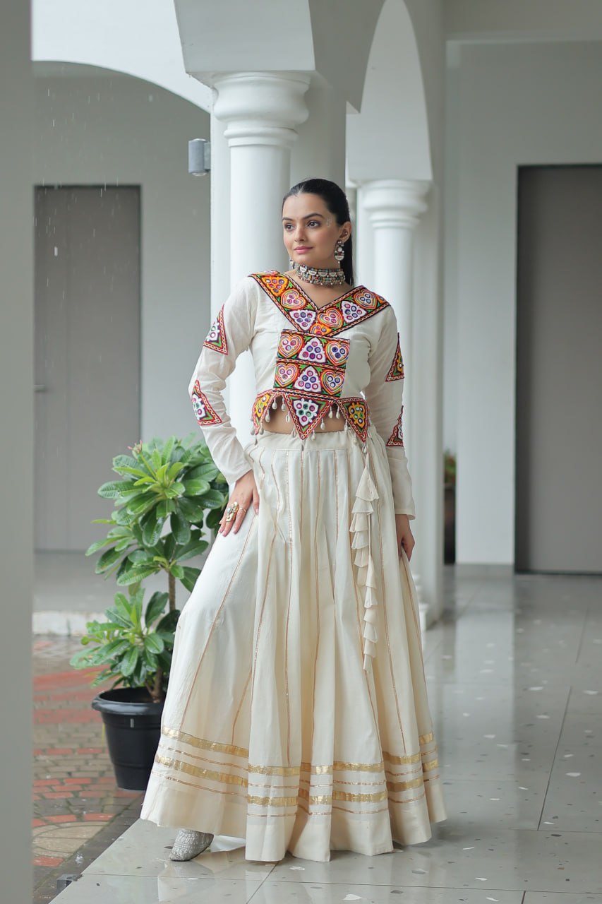 White Color Kutchi Gamthi Work Navratri Lehenga Choli