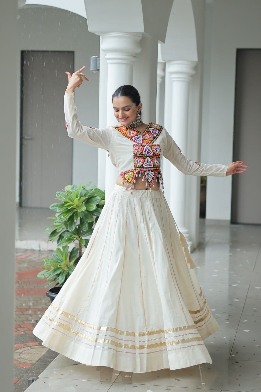 White Color Kutchi Gamthi Work Navratri Lehenga Choli