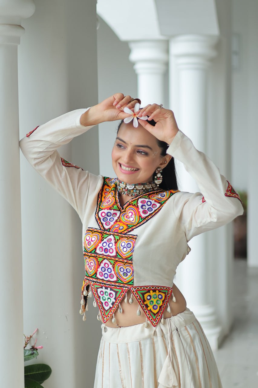 White Color Kutchi Gamthi Work Navratri Lehenga Choli