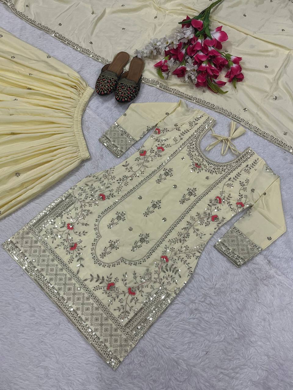 Off White Color Heavy Work Glimmering Sharara Suit