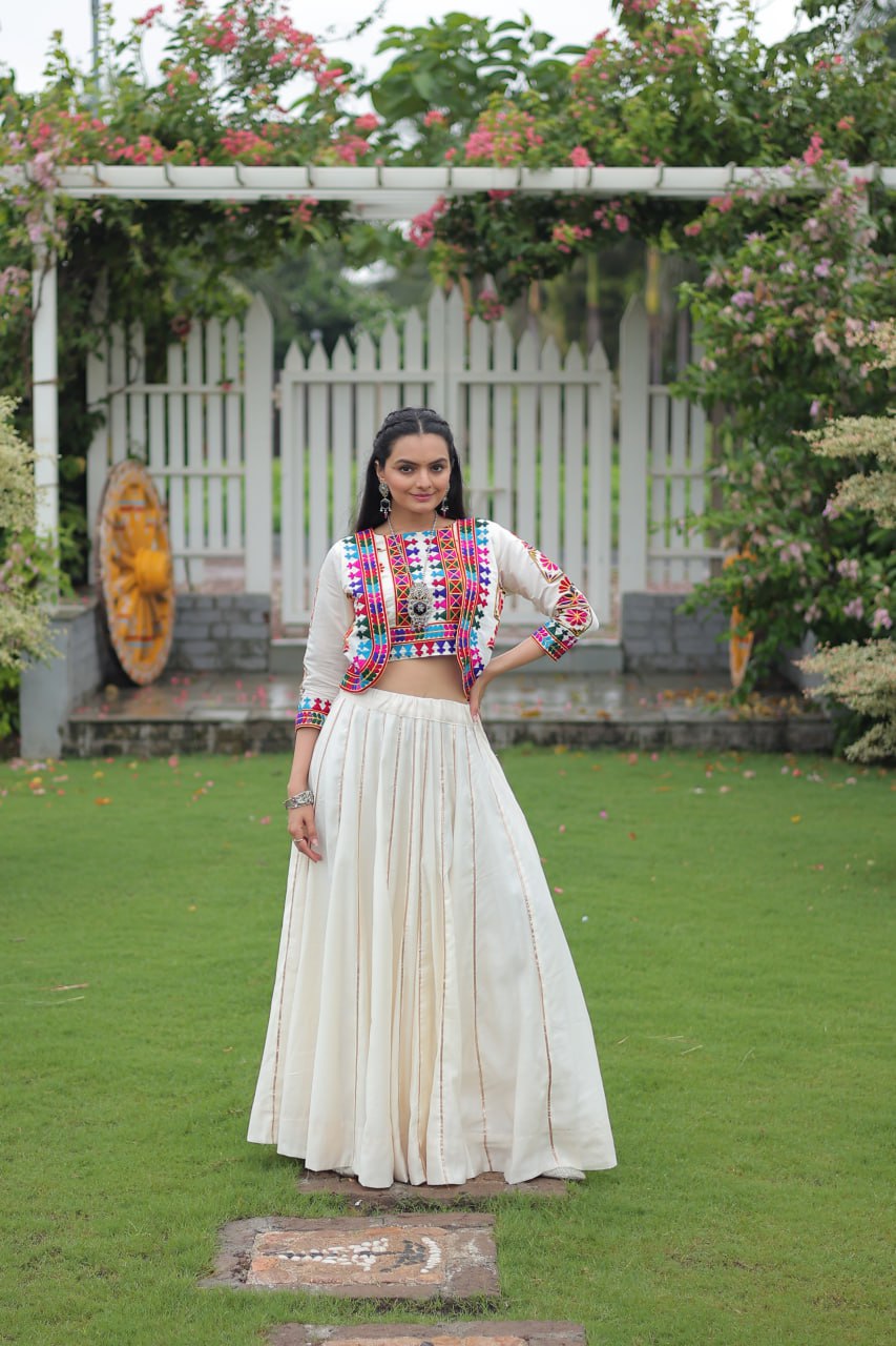 Embroidered Off White Color Lehenga Set With Koti For Navratri