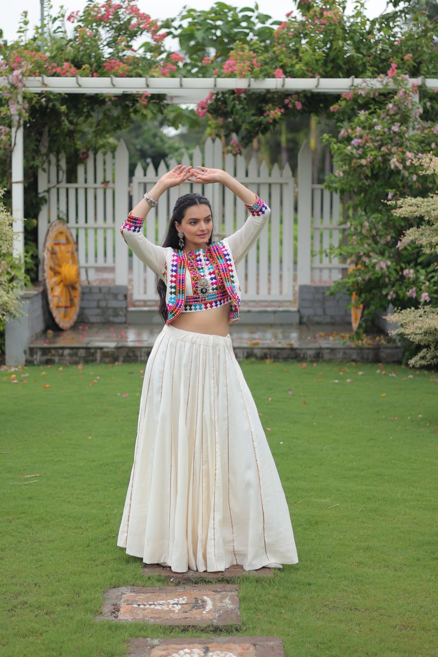 Embroidered Off White Color Lehenga Set With Koti For Navratri