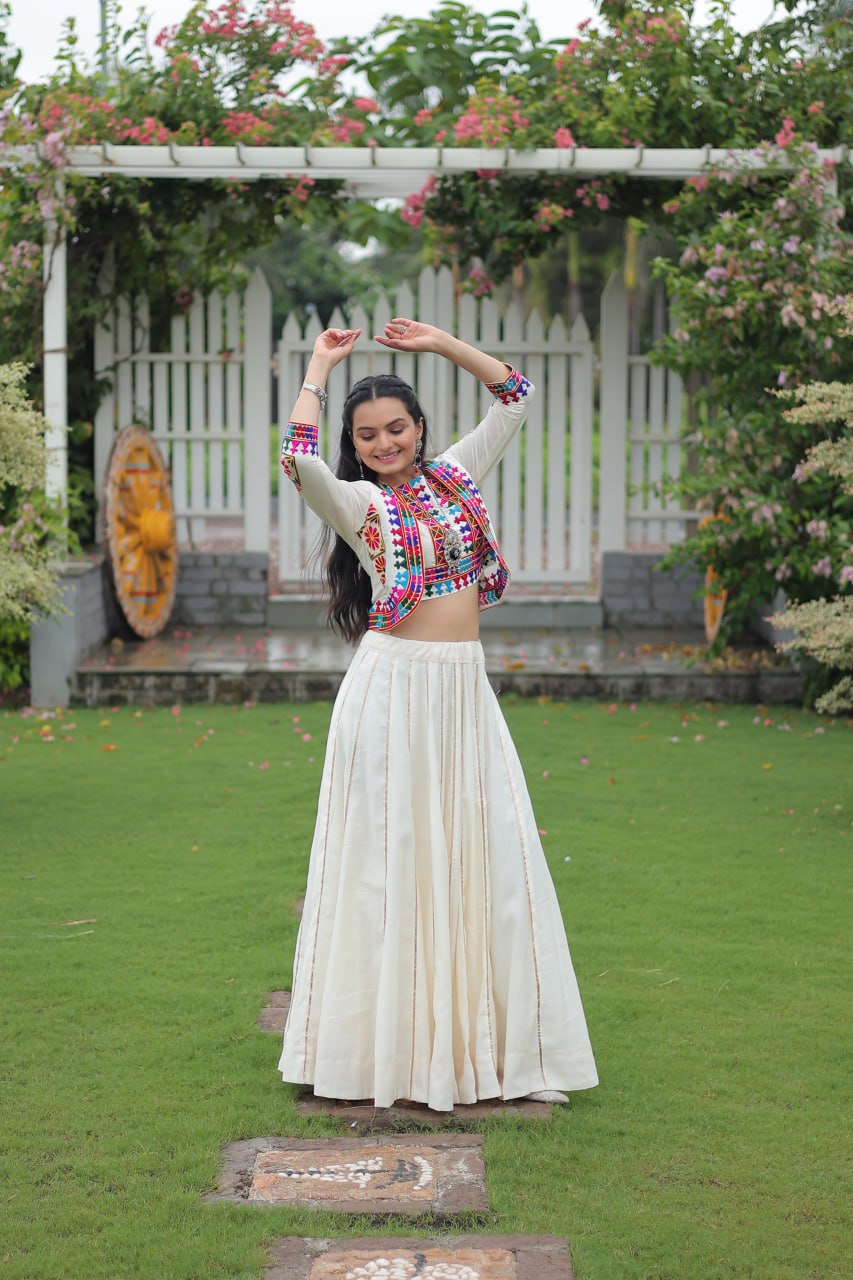 Embroidered Off White Color Lehenga Set With Koti For Navratri