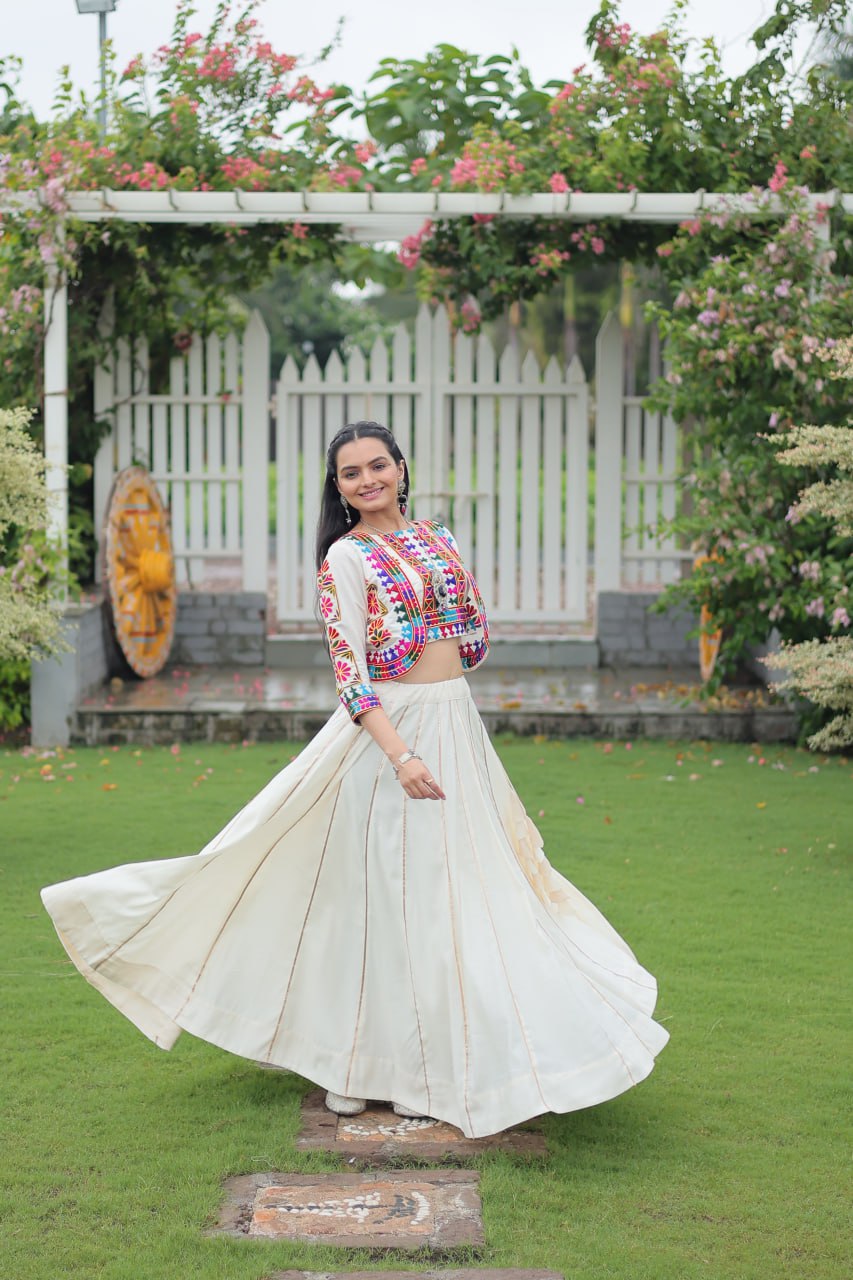 Embroidered Off White Color Lehenga Set With Koti For Navratri