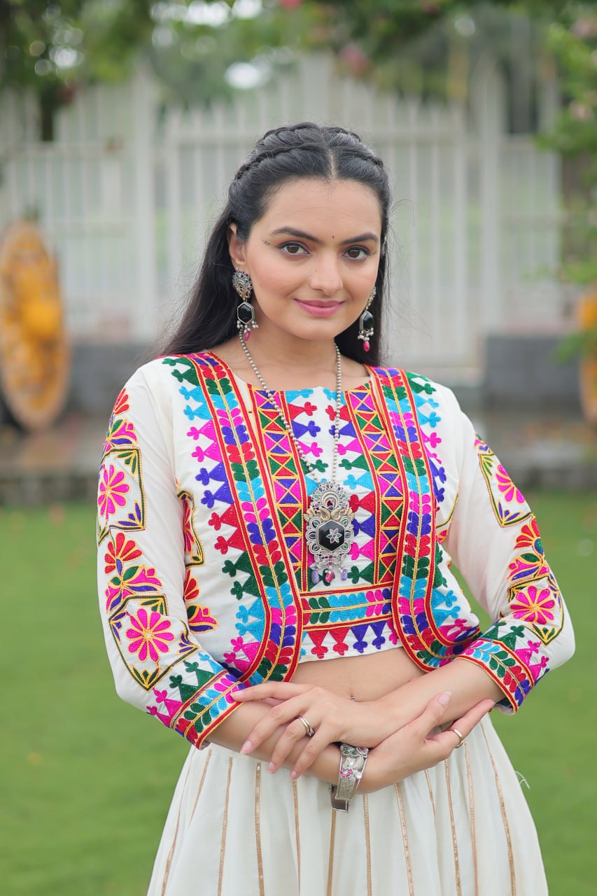Embroidered Off White Color Lehenga Set With Koti For Navratri