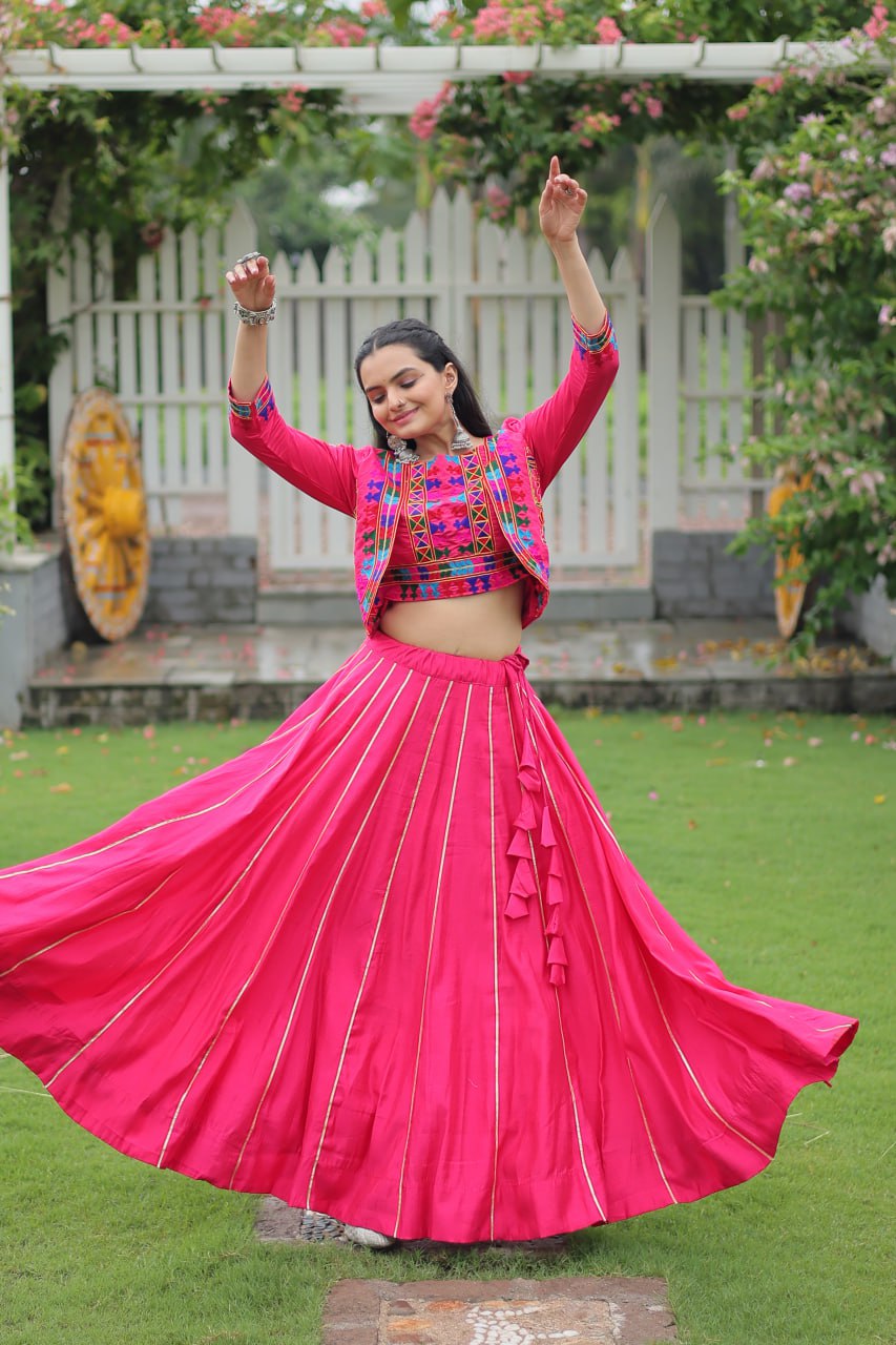 Embroidered Pink Color Lehenga Set With Koti For Navratri