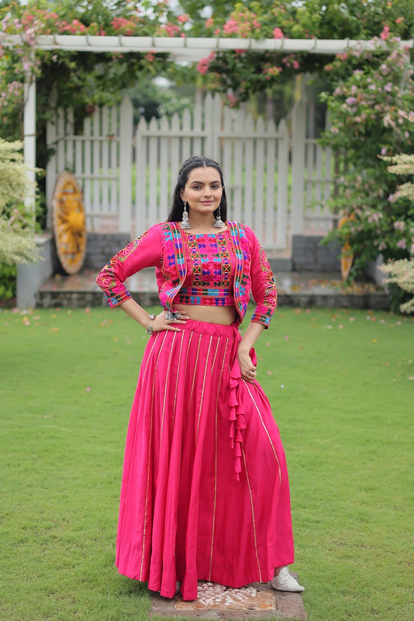 Embroidered Pink Color Lehenga Set With Koti For Navratri