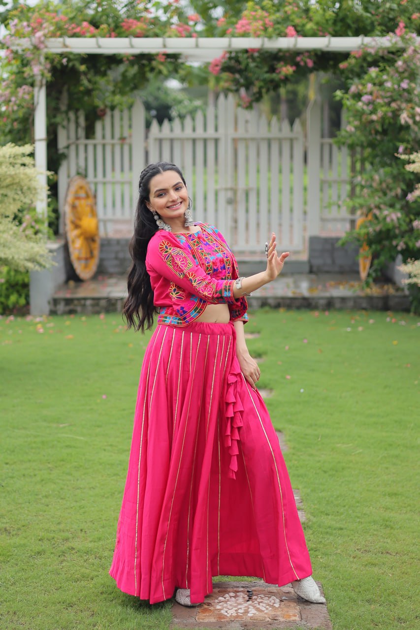 Embroidered Pink Color Lehenga Set With Koti For Navratri