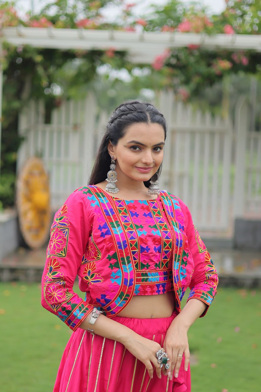 Embroidered Pink Color Lehenga Set With Koti For Navratri