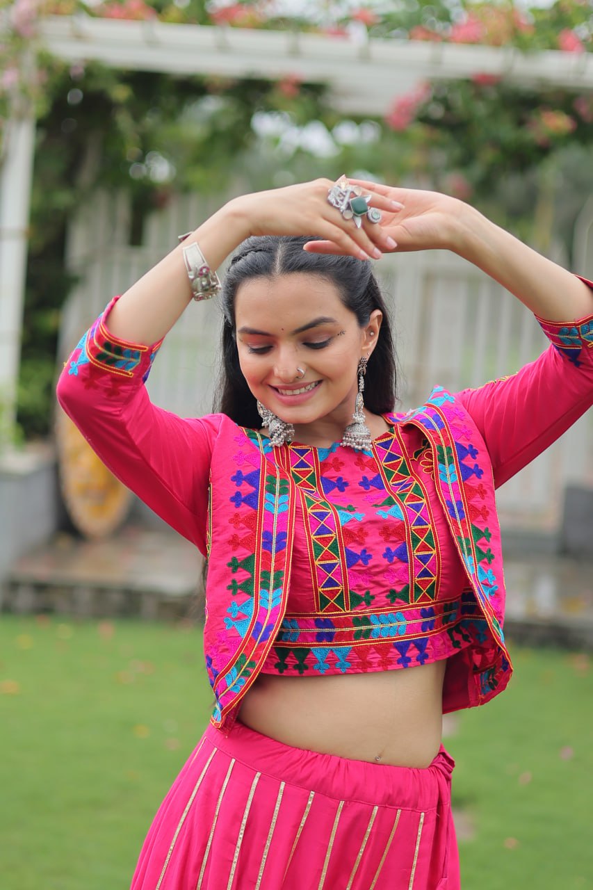 Embroidered Pink Color Lehenga Set With Koti For Navratri