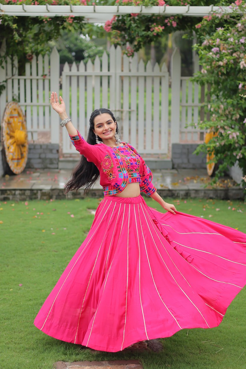 Embroidered Pink Color Lehenga Set With Koti For Navratri