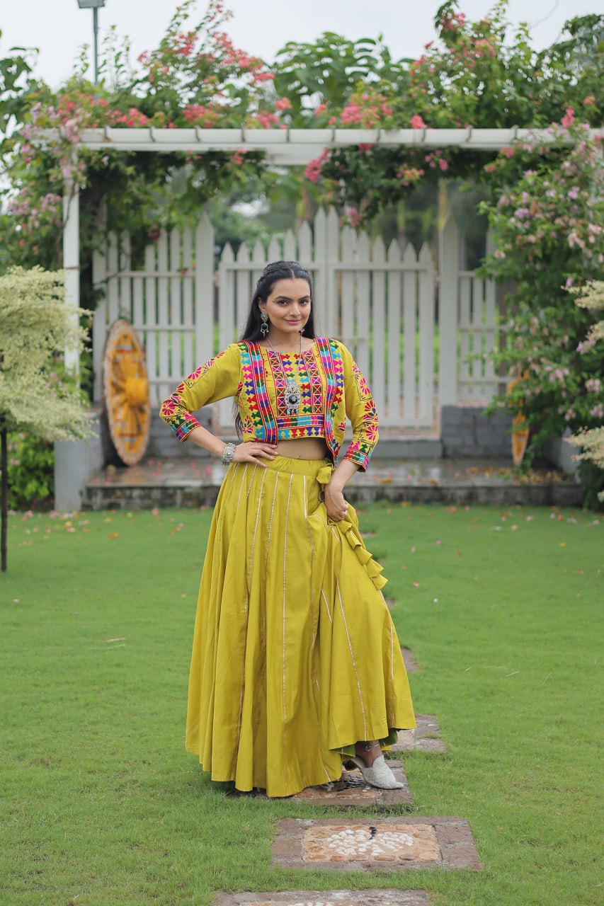 Embroidered Parrot Green Color Lehenga Set With Koti For Navratri