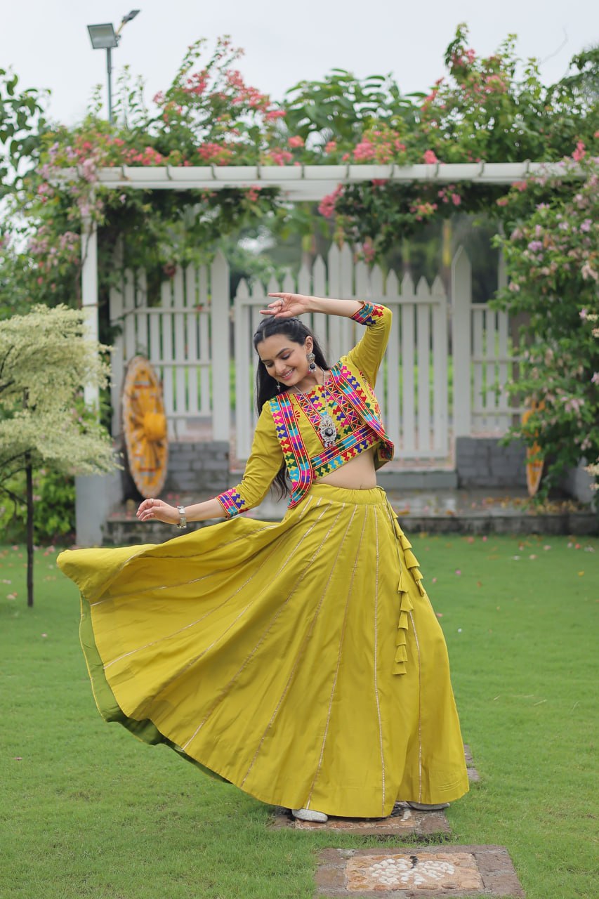 Embroidered Parrot Green Color Lehenga Set With Koti For Navratri