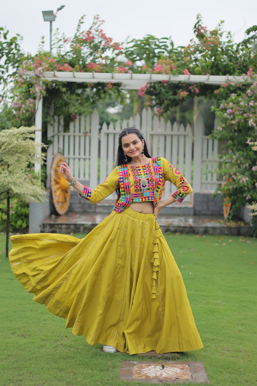 Embroidered Parrot Green Color Lehenga Set With Koti For Navratri