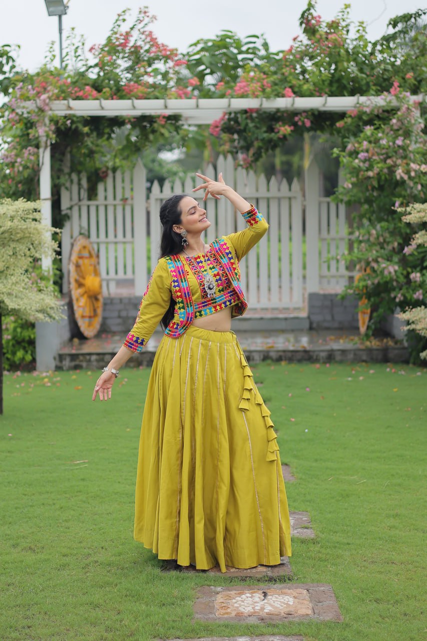 Embroidered Parrot Green Color Lehenga Set With Koti For Navratri