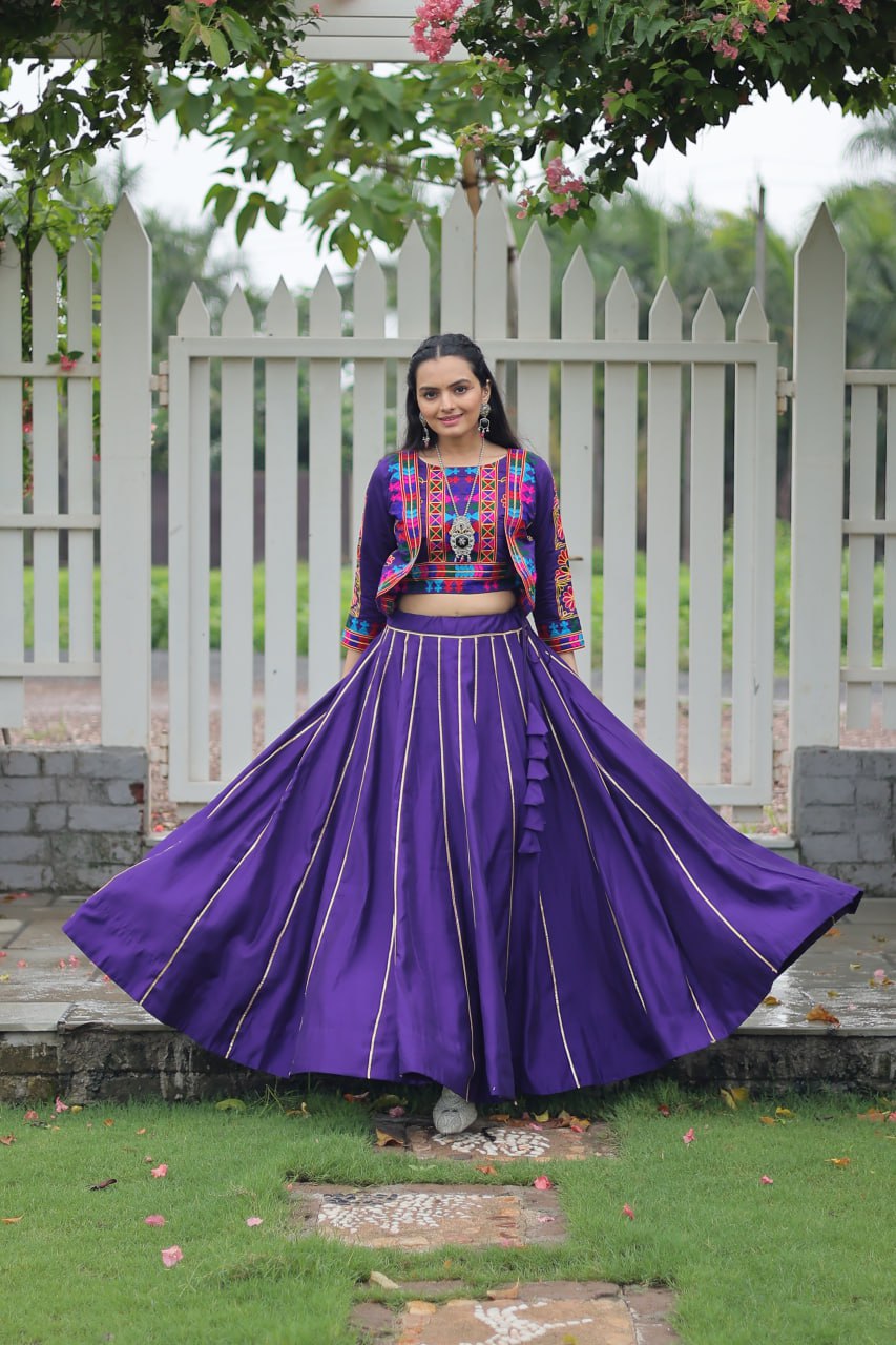 Embroidered Purple Color Lehenga Set With Koti For Navratri