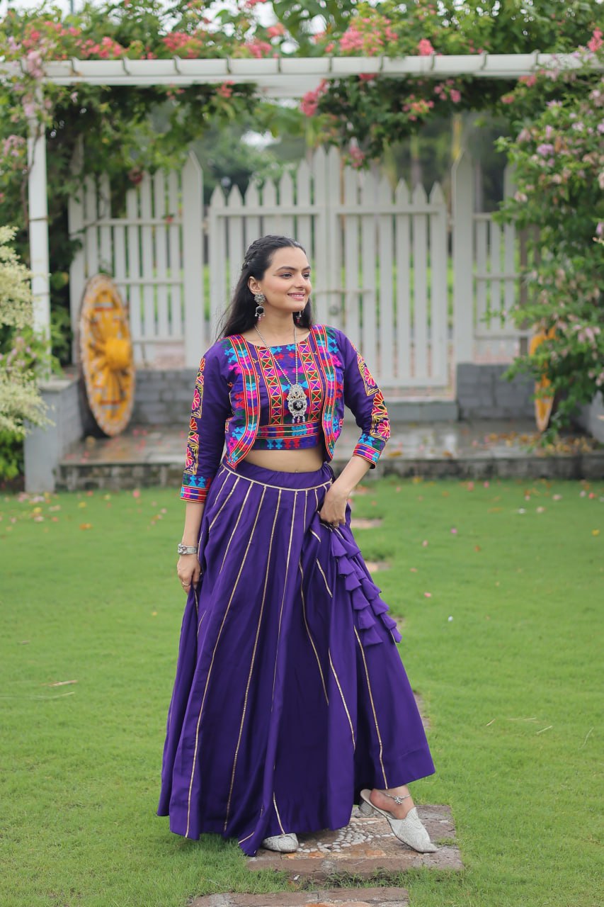 Embroidered Purple Color Lehenga Set With Koti For Navratri