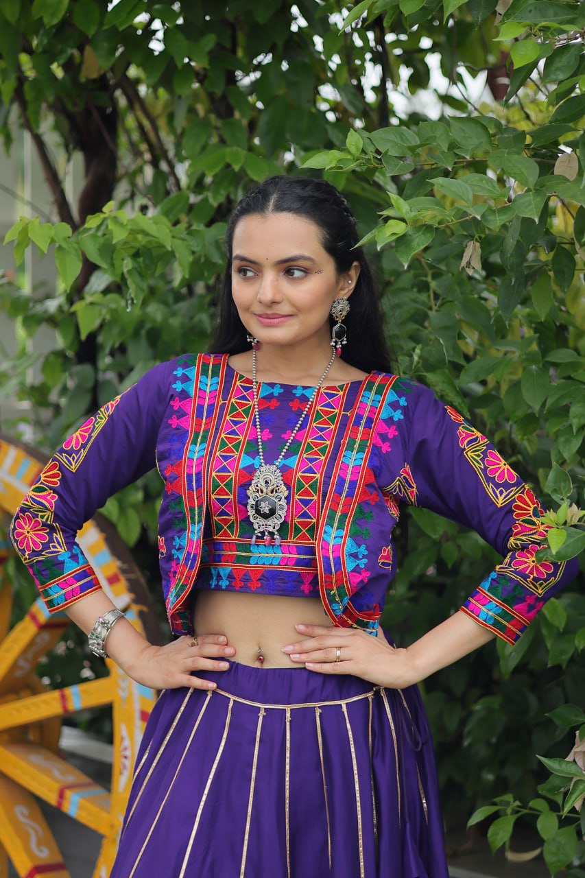 Embroidered Purple Color Lehenga Set With Koti For Navratri