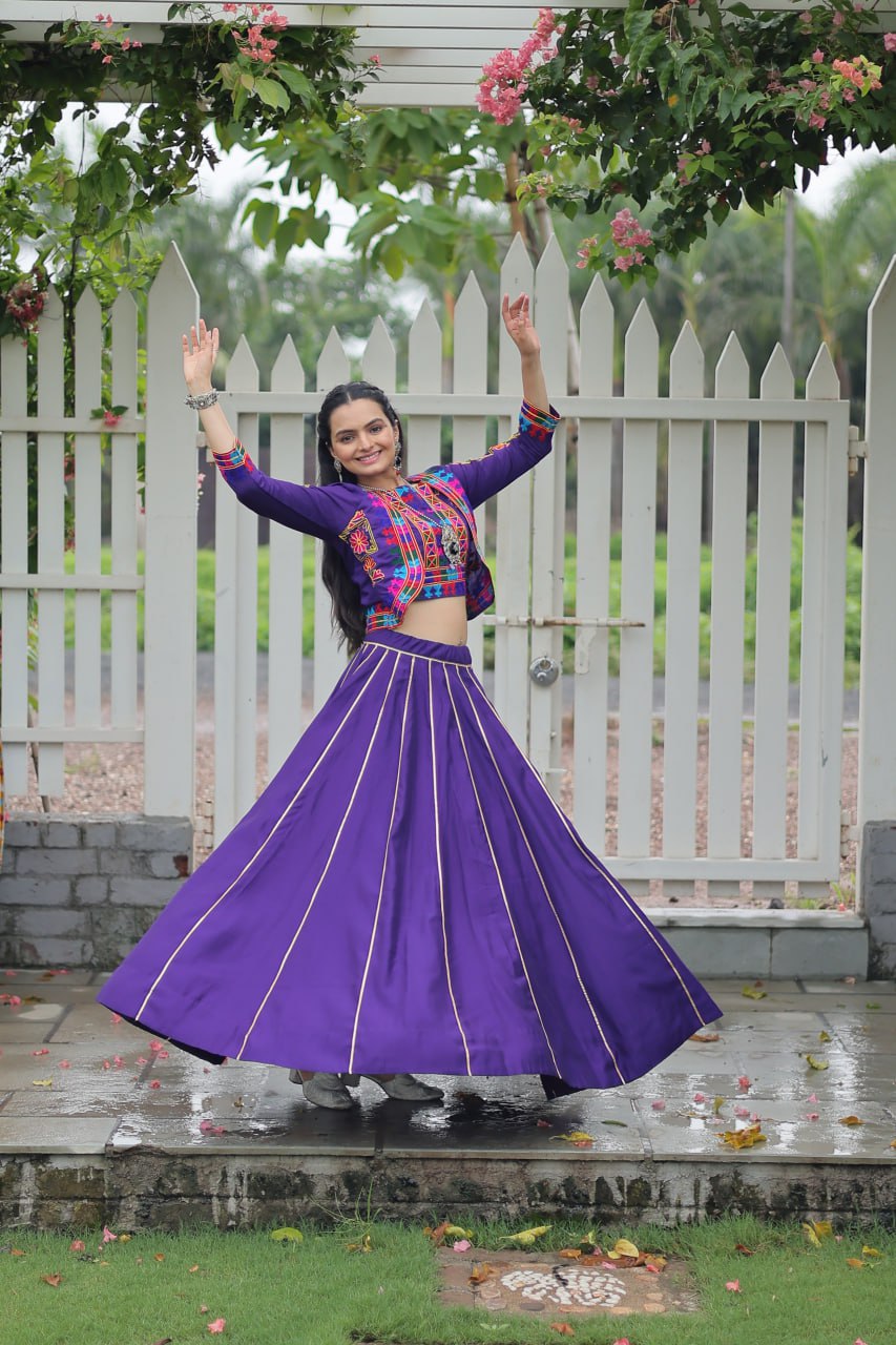 Embroidered Purple Color Lehenga Set With Koti For Navratri