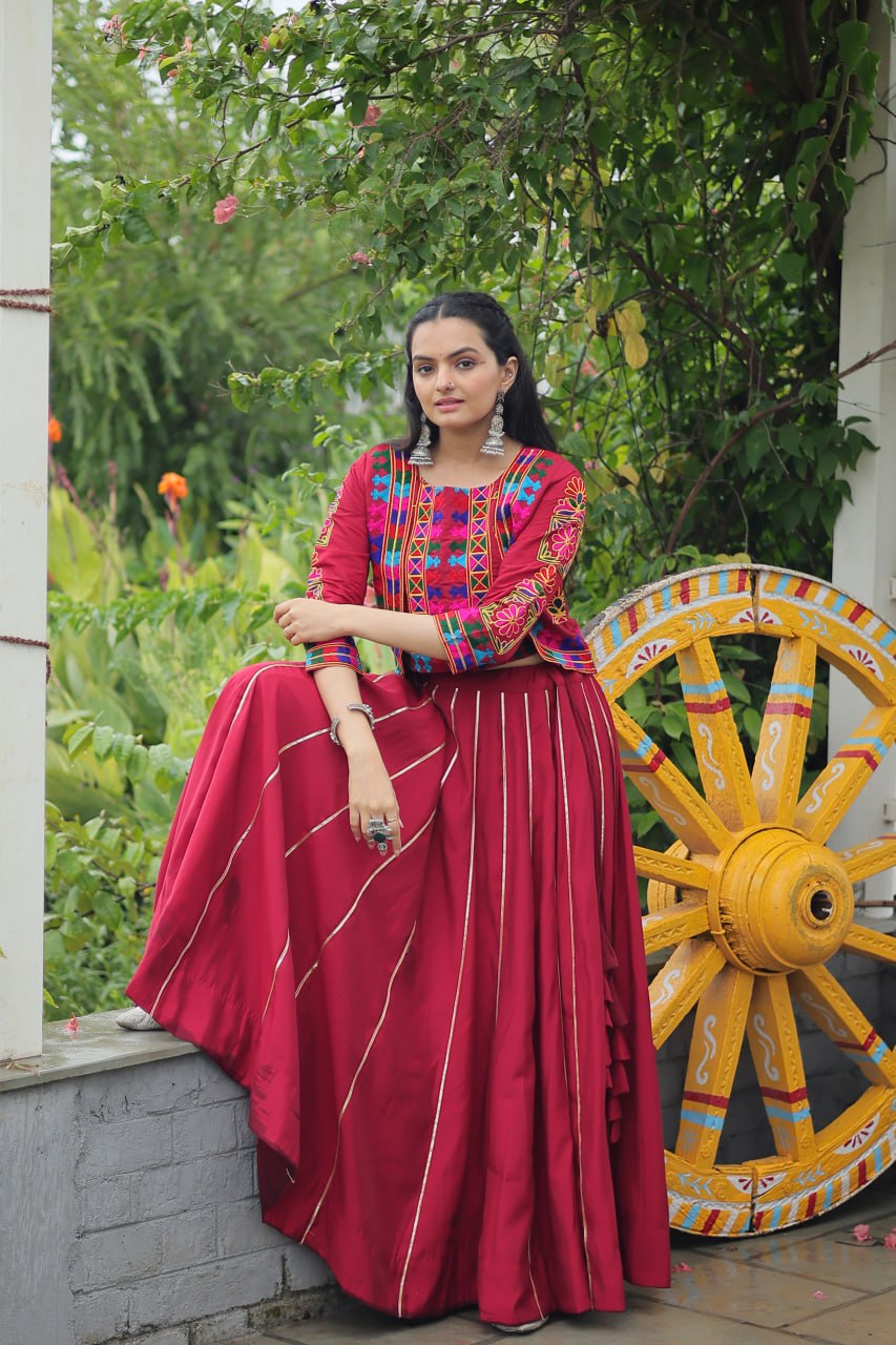 Embroidered Maroon Color Lehenga Set With Koti For Navratri