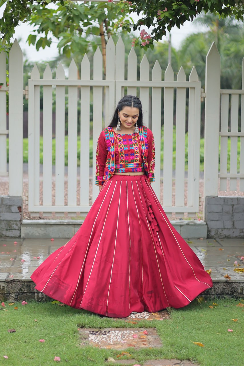 Embroidered Maroon Color Lehenga Set With Koti For Navratri