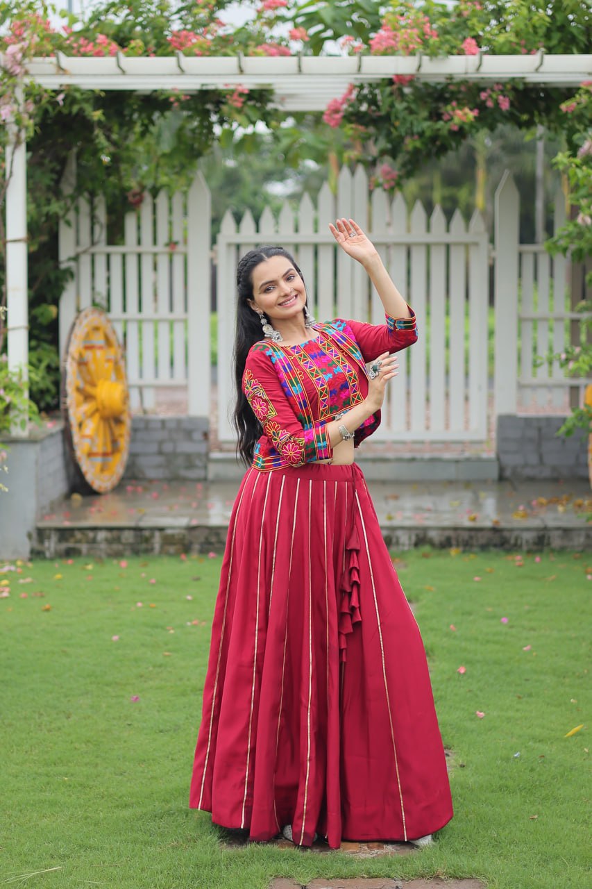 Embroidered Maroon Color Lehenga Set With Koti For Navratri