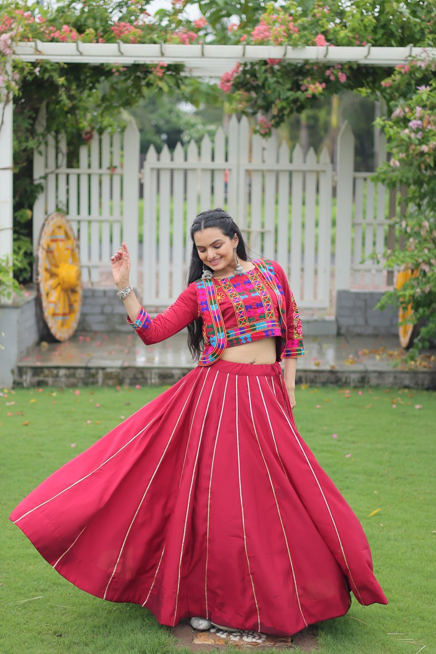 Embroidered Maroon Color Lehenga Set With Koti For Navratri