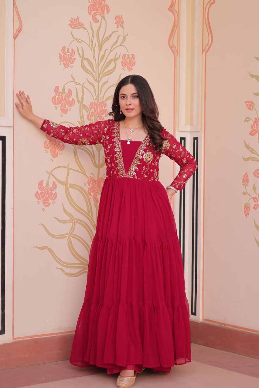 Rani Pink Color Sequence Work V Neck Designer Gown