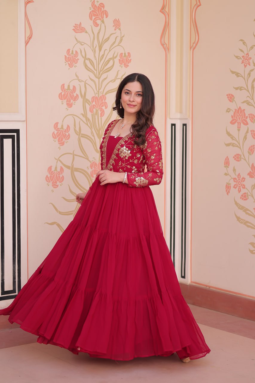 Rani Pink Color Sequence Work V Neck Designer Gown